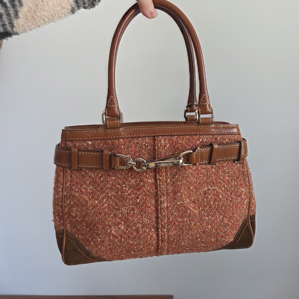 Coach Y2K Hampton Suede Satchel Pink Tweed/ Brown Leather Horsebit Clasp Purse